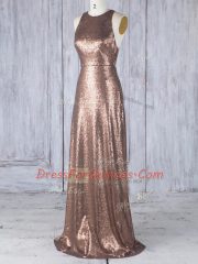New Arrival Sleeveless Sequined Floor Length Criss Cross Quinceanera Dama Dress in Brown with Appliques