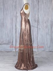 New Arrival Sleeveless Sequined Floor Length Criss Cross Quinceanera Dama Dress in Brown with Appliques