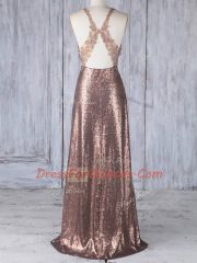 New Arrival Sleeveless Sequined Floor Length Criss Cross Quinceanera Dama Dress in Brown with Appliques