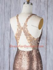 New Arrival Sleeveless Sequined Floor Length Criss Cross Quinceanera Dama Dress in Brown with Appliques