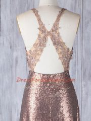 New Arrival Sleeveless Sequined Floor Length Criss Cross Quinceanera Dama Dress in Brown with Appliques