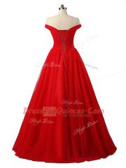 Noble Red Evening Dress Prom with Ruching Off The Shoulder Sleeveless Lace Up