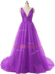 Eggplant Purple A-line V-neck Sleeveless Organza Backless Ruching Dress for Prom