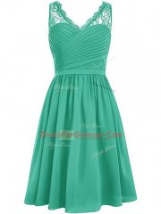 High End V-neck Sleeveless Chiffon Quinceanera Dama Dress Lace and Ruching Side Zipper