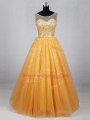 Top Selling Gold A-line Tulle Scoop Sleeveless Beading and Sequins Floor Length Lace Up