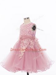 Vintage Pink Tulle Zipper Scoop Sleeveless Knee Length Toddler Flower Girl Dress Appliques and Hand Made Flower