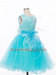 Vintage Pink Tulle Zipper Scoop Sleeveless Knee Length Toddler Flower Girl Dress Appliques and Hand Made Flower