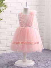 A-line Flower Girl Dresses Baby Pink Scoop Tulle Sleeveless Knee Length Zipper