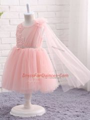 A-line Flower Girl Dresses Baby Pink Scoop Tulle Sleeveless Knee Length Zipper