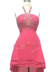 Delicate High Low Hot Pink Homecoming Dress Halter Top Sleeveless Backless
