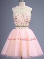 Dazzling Beading Dama Dress Peach Lace Up Sleeveless Knee Length