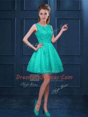 Designer A-line Quinceanera Court Dresses Turquoise Scoop Tulle Sleeveless Knee Length Zipper