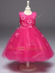 Hot Pink Ball Gowns Tulle Scoop Sleeveless Appliques and Bowknot Knee Length Zipper Little Girl Pageant Dress