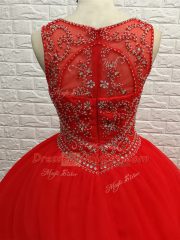 Affordable Zipper Vestidos de Quinceanera Red for Military Ball and Sweet 16 and Quinceanera with Beading Brush Train