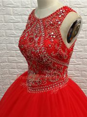 Affordable Zipper Vestidos de Quinceanera Red for Military Ball and Sweet 16 and Quinceanera with Beading Brush Train