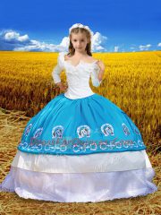 Floor Length Blue And White Kids Pageant Dress Off The Shoulder 3 4 Length Sleeve Lace Up