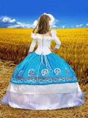 Floor Length Blue And White Kids Pageant Dress Off The Shoulder 3 4 Length Sleeve Lace Up