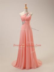 Excellent Watermelon Red Quinceanera Dama Dress Prom and Party and Wedding Party with Beading One Shoulder Sleeveless Brush Train Zipper