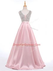Baby Pink Sleeveless Elastic Woven Satin Brush Train Backless Dress for Prom for Prom and Military Ball
