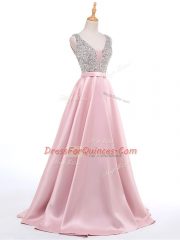 Baby Pink Sleeveless Elastic Woven Satin Brush Train Backless Dress for Prom for Prom and Military Ball
