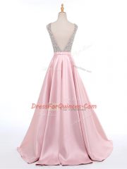 Baby Pink Sleeveless Elastic Woven Satin Brush Train Backless Dress for Prom for Prom and Military Ball