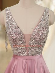 Baby Pink Sleeveless Elastic Woven Satin Brush Train Backless Dress for Prom for Prom and Military Ball
