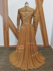 Sexy Brown Zipper Dress for Prom Lace Long Sleeves Brush Train