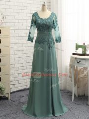 Most Popular Green Prom Gown Prom and Sweet 16 with Beading and Lace and Appliques Scalloped Long Sleeves Zipper