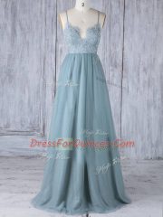 Grey Sleeveless Lace Floor Length Quinceanera Dama Dress