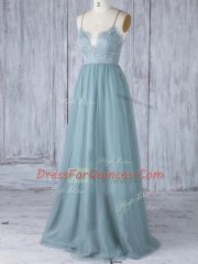 Grey Sleeveless Lace Floor Length Quinceanera Dama Dress