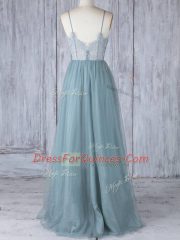Grey Sleeveless Lace Floor Length Quinceanera Dama Dress