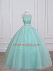 Pretty Aqua Blue Scoop Neckline Beading 15th Birthday Dress Sleeveless Lace Up