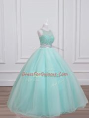 Pretty Aqua Blue Scoop Neckline Beading 15th Birthday Dress Sleeveless Lace Up