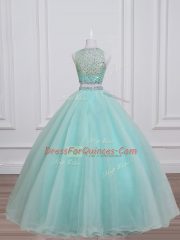 Pretty Aqua Blue Scoop Neckline Beading 15th Birthday Dress Sleeveless Lace Up