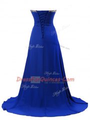 Turquoise Sleeveless Elastic Woven Satin Brush Train Lace Up Prom Dresses for Prom and Party and Beach