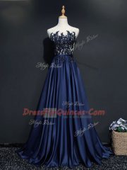 Navy Blue Scoop Neckline Beading and Appliques Prom Dresses Sleeveless Zipper