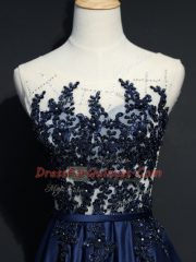 Navy Blue Scoop Neckline Beading and Appliques Prom Dresses Sleeveless Zipper
