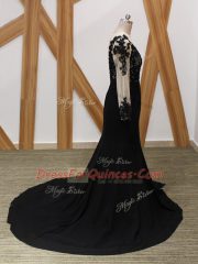 Brush Train Mermaid Homecoming Dress Black Scoop Chiffon Long Sleeves Zipper