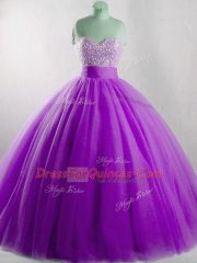 Fitting Sweetheart Sleeveless 15 Quinceanera Dress Floor Length Beading Eggplant Purple Tulle
