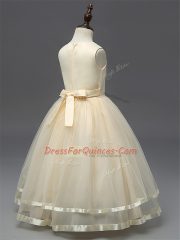 Champagne Sleeveless Floor Length Hand Made Flower Zipper Little Girls Pageant Dress Wholesale