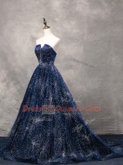 Navy Blue Prom Party Dress Prom and Military Ball with Beading V-neck Sleeveless Brush Train Lace Up