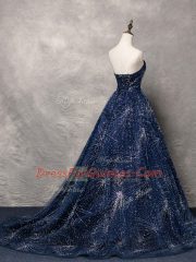 Navy Blue Prom Party Dress Prom and Military Ball with Beading V-neck Sleeveless Brush Train Lace Up