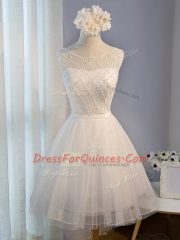 Tulle Scoop Sleeveless Lace Up Beading Prom Dress in White