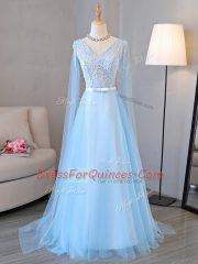 Baby Blue Empire V-neck Long Sleeves Tulle Lace Up Beading and Belt Prom Dress
