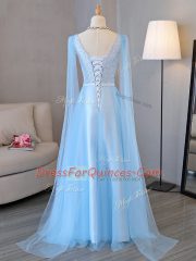 Baby Blue Empire V-neck Long Sleeves Tulle Lace Up Beading and Belt Prom Dress