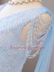 Baby Blue Empire V-neck Long Sleeves Tulle Lace Up Beading and Belt Prom Dress