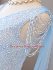 Baby Blue Empire V-neck Long Sleeves Tulle Lace Up Beading and Belt Prom Dress