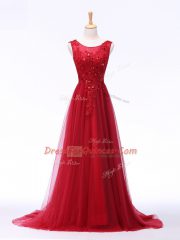Sleeveless Brush Train Lace and Appliques Lace Up Prom Dress