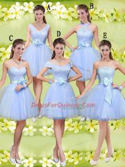 Modern Lavender A-line V-neck Sleeveless Tulle Knee Length Lace Up Lace and Belt Court Dresses for Sweet 16