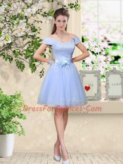 Modern Lavender A-line V-neck Sleeveless Tulle Knee Length Lace Up Lace and Belt Court Dresses for Sweet 16